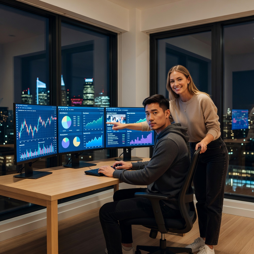 Healthy Asian man in modern home office analyzing stock charts on multiple screens with cheerful girlfriend cheering