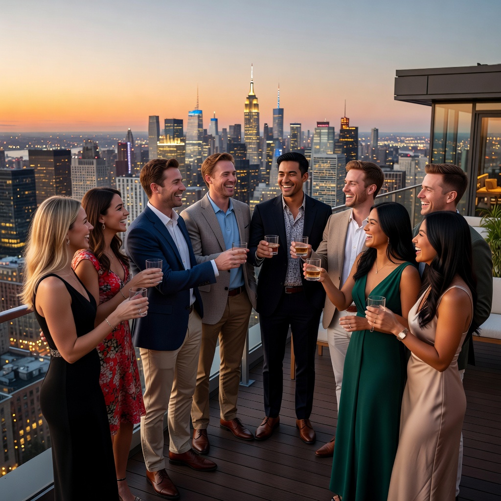 Group of healthy White men and Asian men networking at upscale rooftop event with attractive girlfriends, toasting success