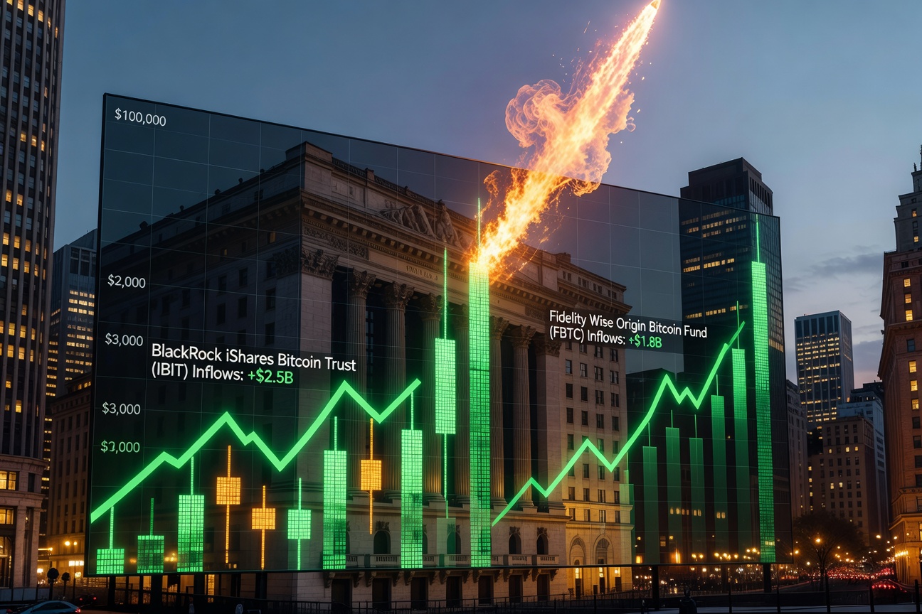 Bitcoin price chart exploding past $100,000 with green candles and ETF inflow graphs overlaid
