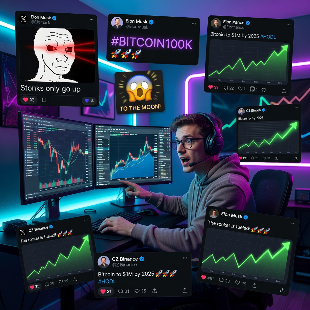 Montage of X screenshots showing Bitcoin hype with memes and influencer posts