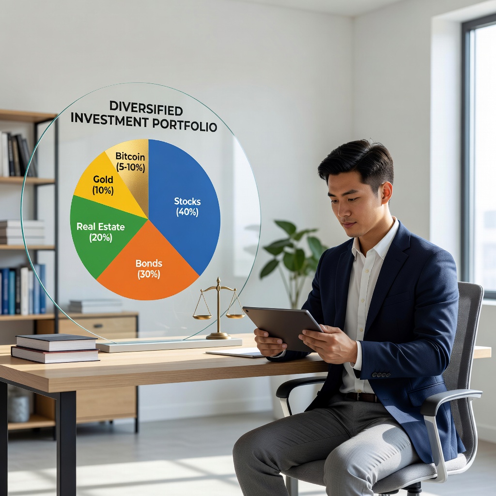 Diversified investment portfolio pie chart with Bitcoin slice alongside stocks, bonds, and real estate