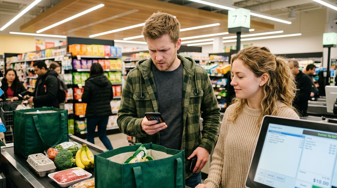 Young man calculating grocery budget on phone at supermarket checkout
