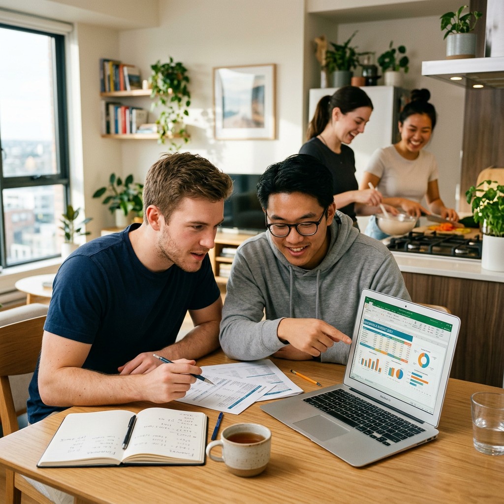 Young White and Asian men reviewing budget spreadsheets together at a kitchen table