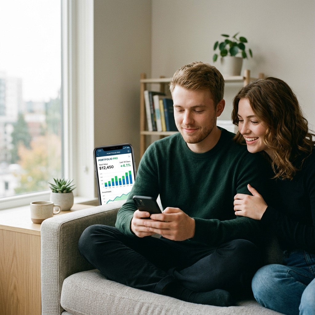 Young man confidently using investment app on smartphone with financial charts visible