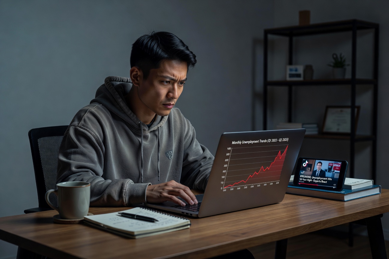 Frustrated young Asian man staring at unemployment chart on phone
