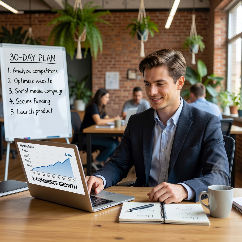 Young White entrepreneur launching online store on laptop