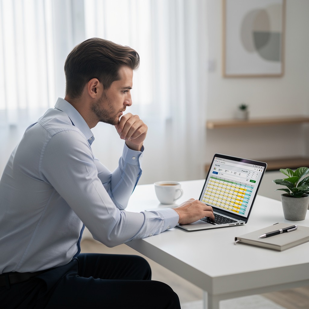 Young man reviewing finances on laptop with coffee and budget spreadsheet