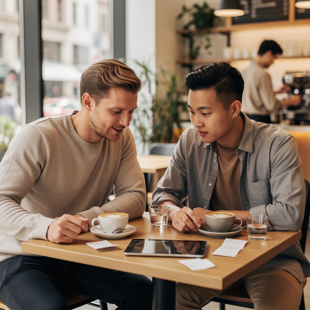 Two young White men analyzing subscription costs on a tablet at a coffee shop