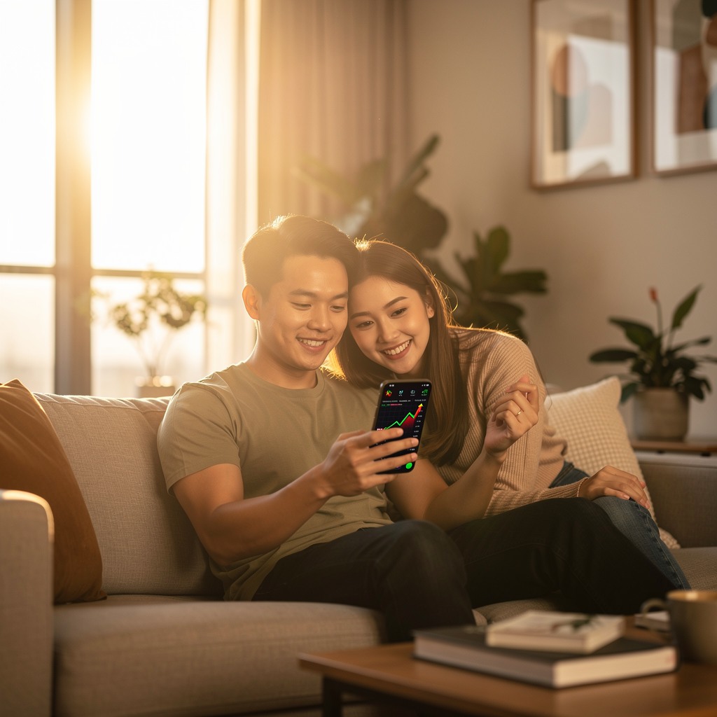Attractive young Asian man reviewing investment portfolio growth chart on his phone with girlfriend looking on