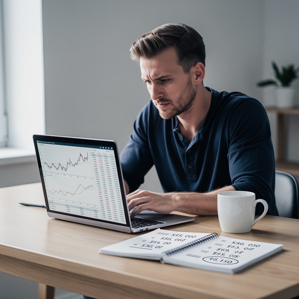 Young man staring at laptop with financial charts and empty coffee mug on desk