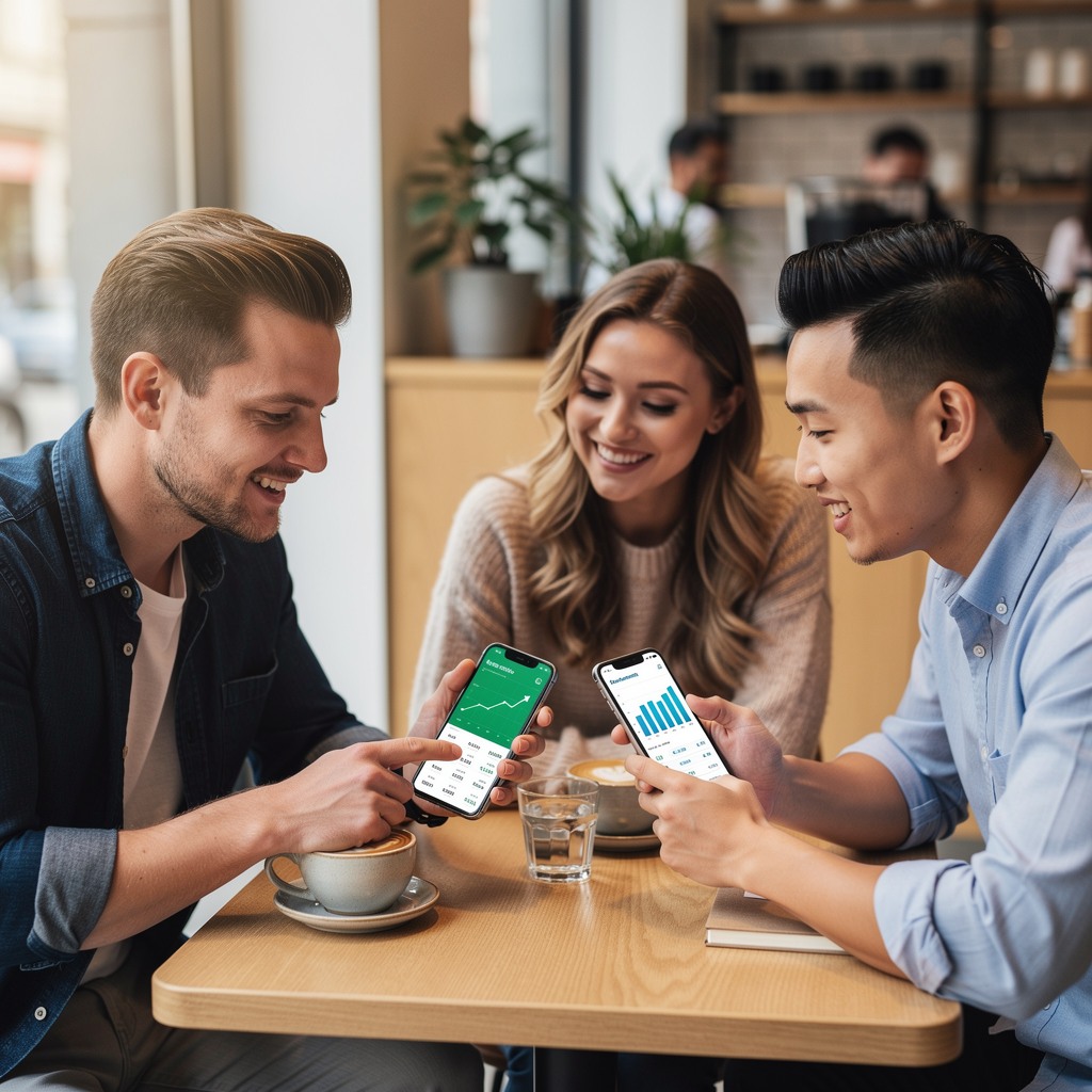 Two young White men reviewing investment portfolios on smartphones at a coffee shop