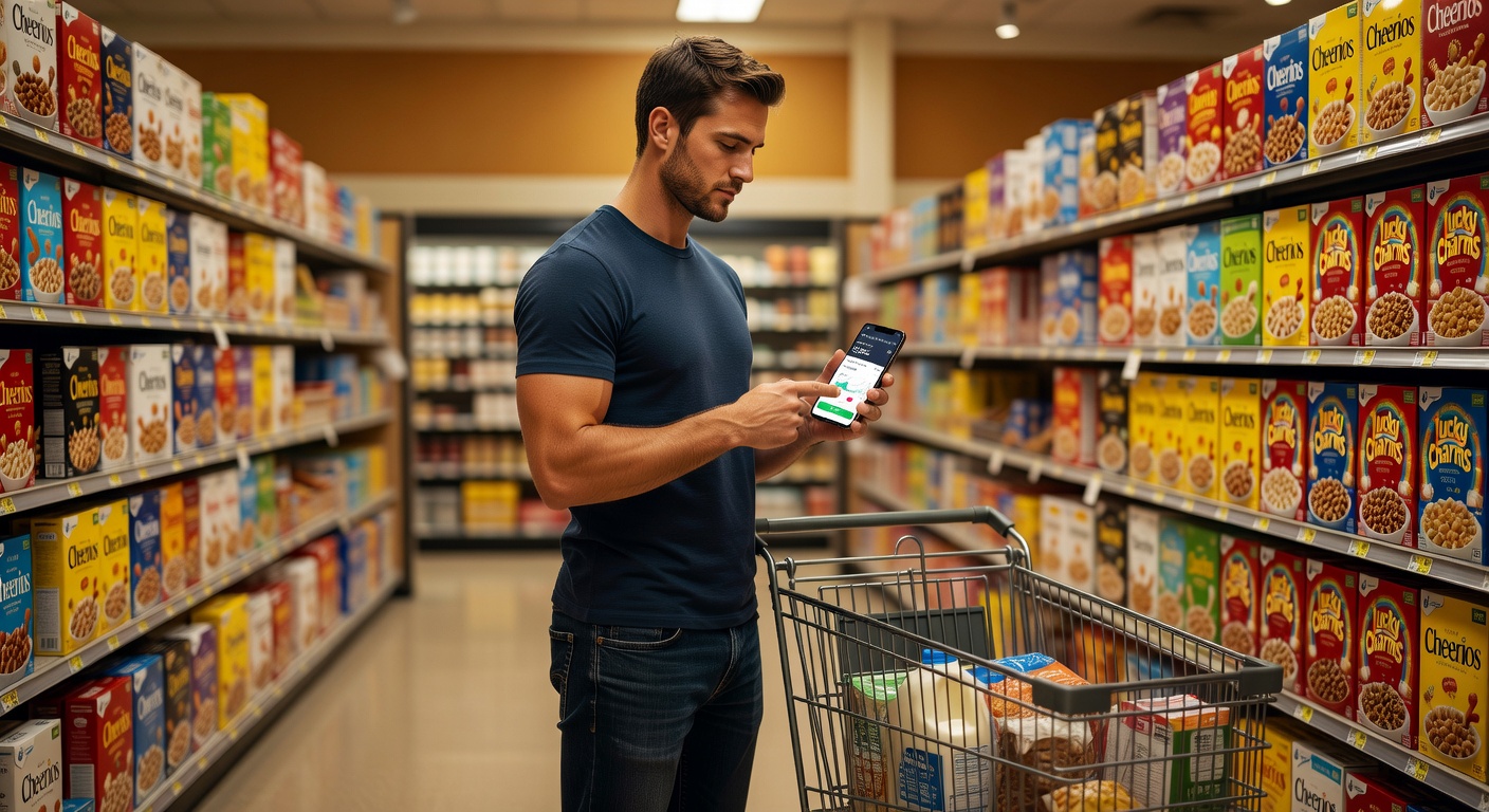 Young man checking grocery receipt against phone budget app in a brightly lit supermarket aisle