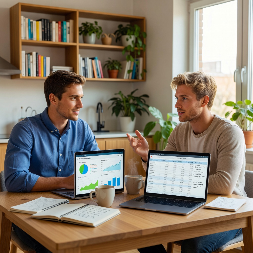 Two young White men sitting at a kitchen table reviewing budget spreadsheets on laptops with coffee cups nearby