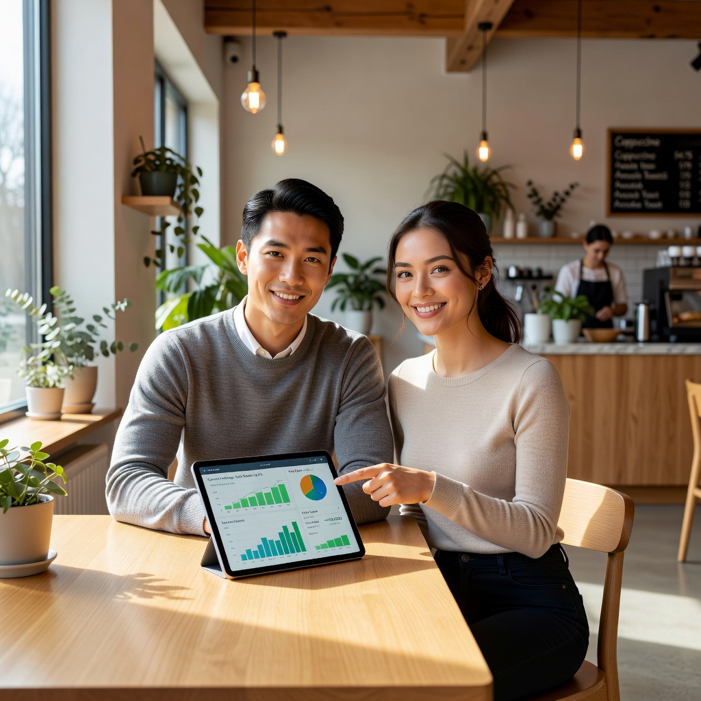 Young Asian man and his cheerful girlfriend reviewing investment portfolio on a tablet at a bright modern cafe