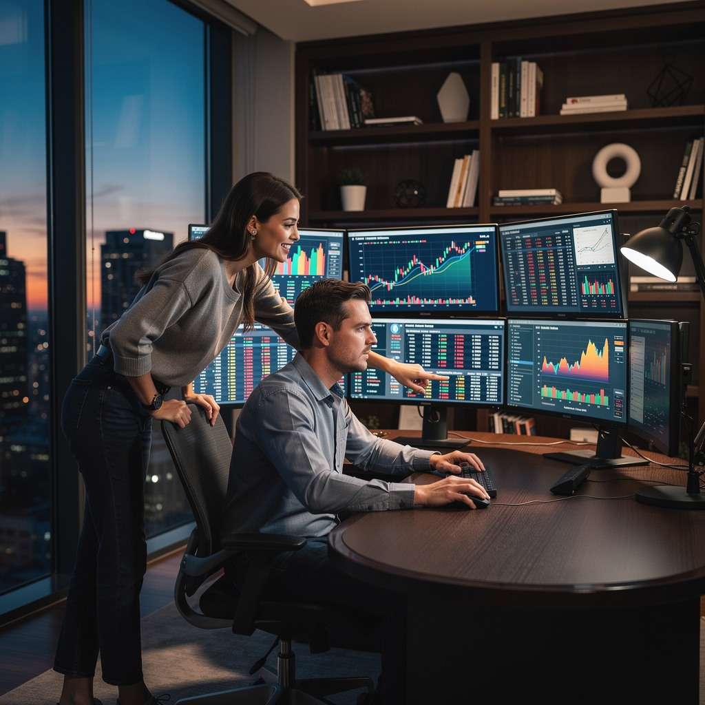 Young man analyzing financial charts and debt market data on multiple screens