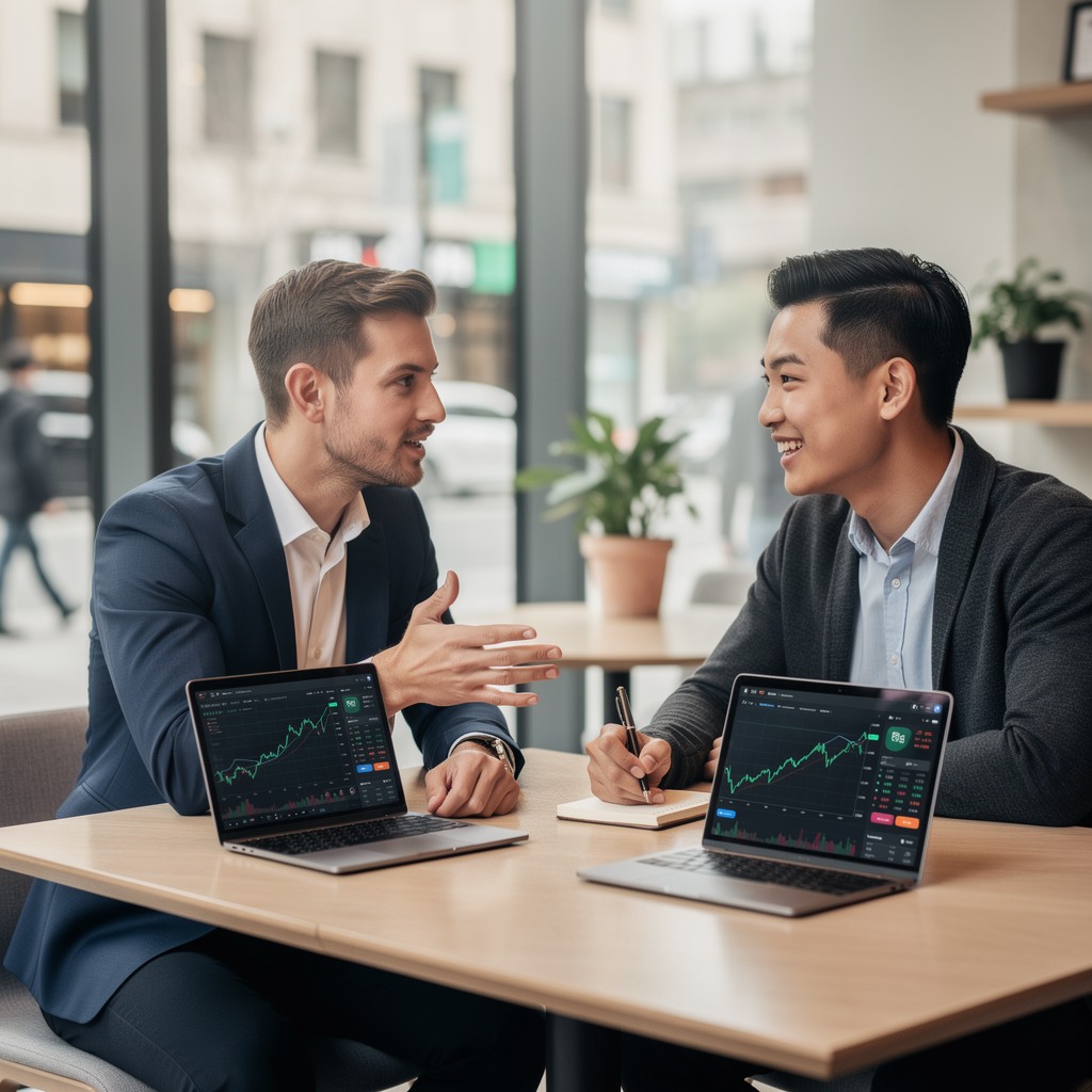 Two young White men reviewing financial data on laptops at a coffee shop, discussing investment strategies