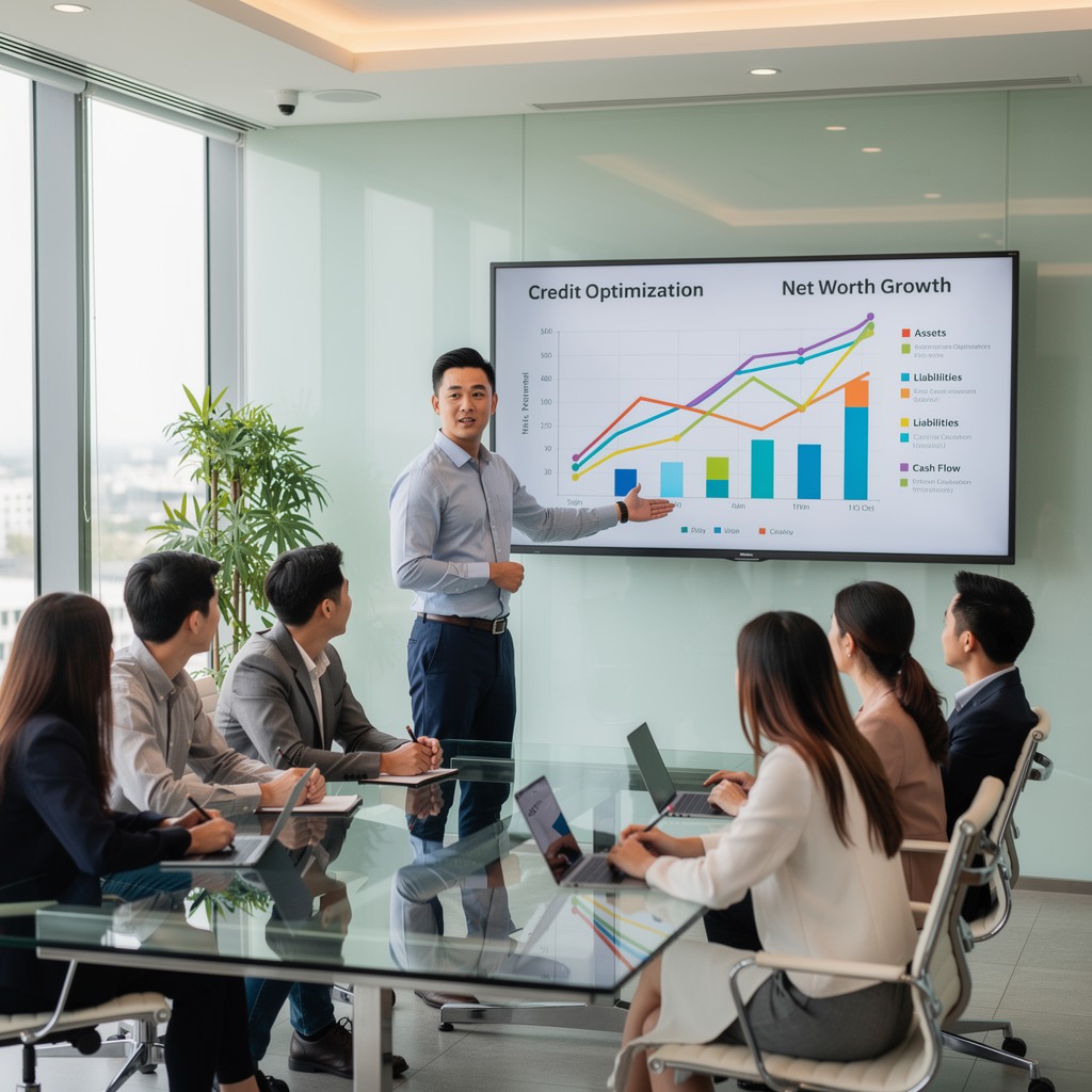 Confident young Asian man presenting business growth charts to a group of engaged peers in a modern office