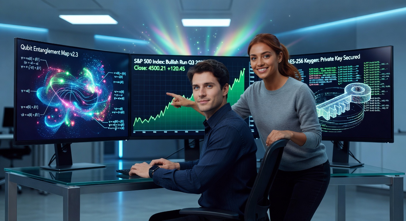 Young man studying quantum computing investment charts on multiple screens
