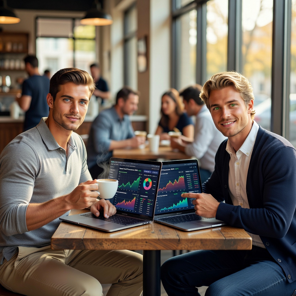 Two young White men reviewing investment portfolios on laptops at a modern cafe