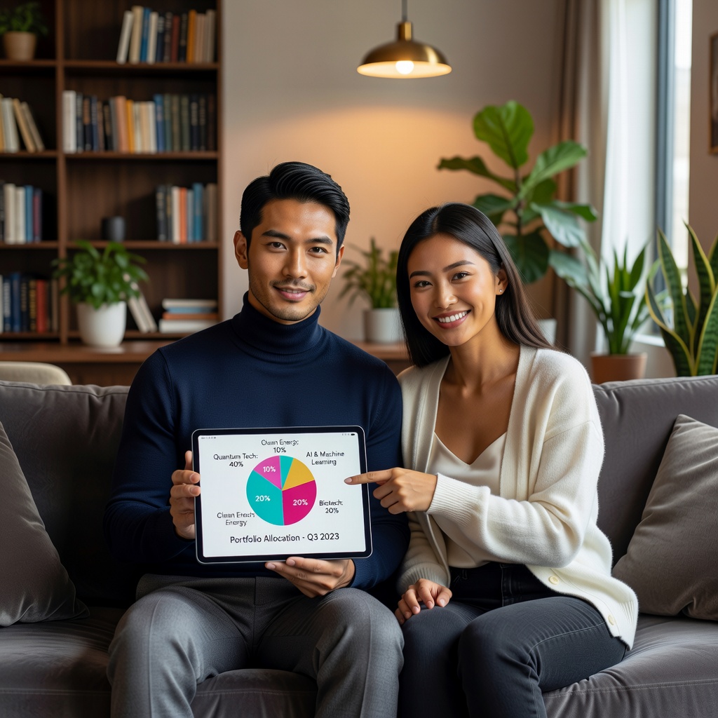 Young Asian man and his cheerful girlfriend analyzing financial data on a tablet at home