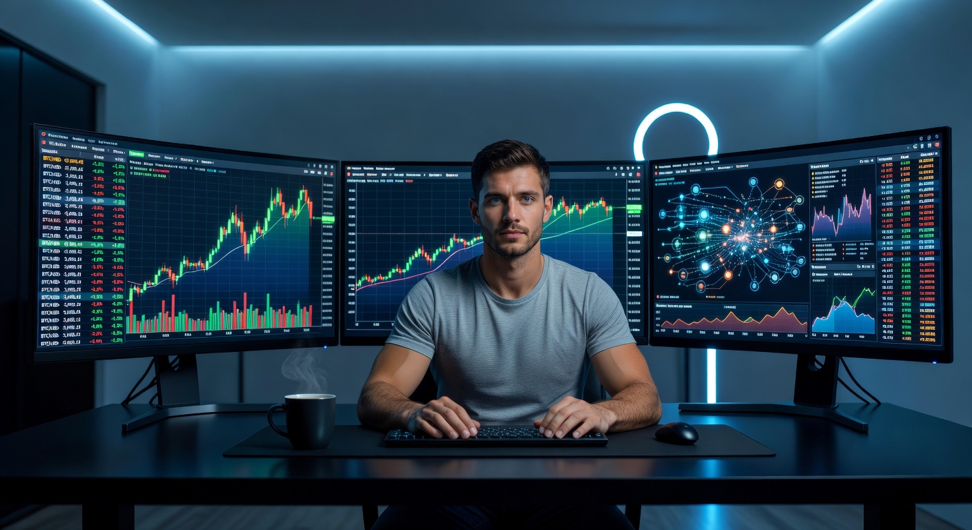 Young man analyzing crypto portfolio on multiple screens
