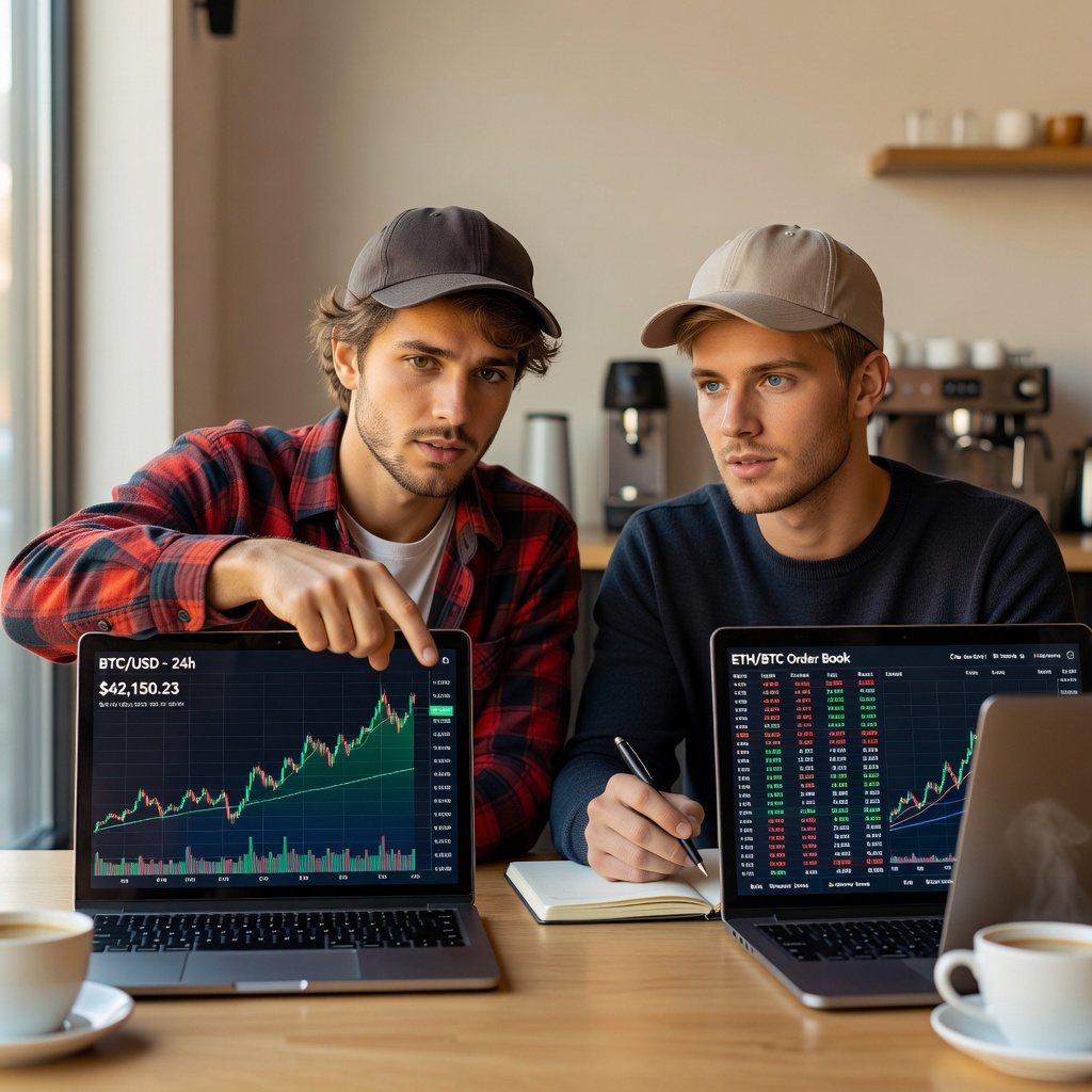 Two young White men reviewing investment charts on laptops at a coffee shop