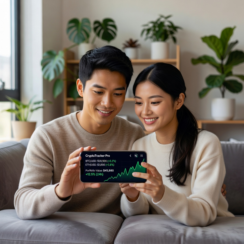 Young Asian man and his girlfriend reviewing investment app on smartphone