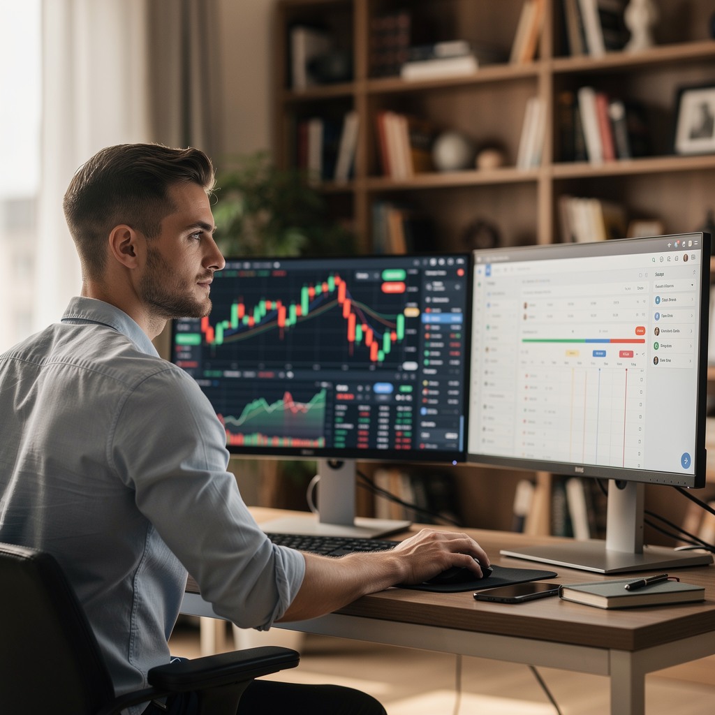 Young man reviewing financial charts on dual monitors in a modern home office setup