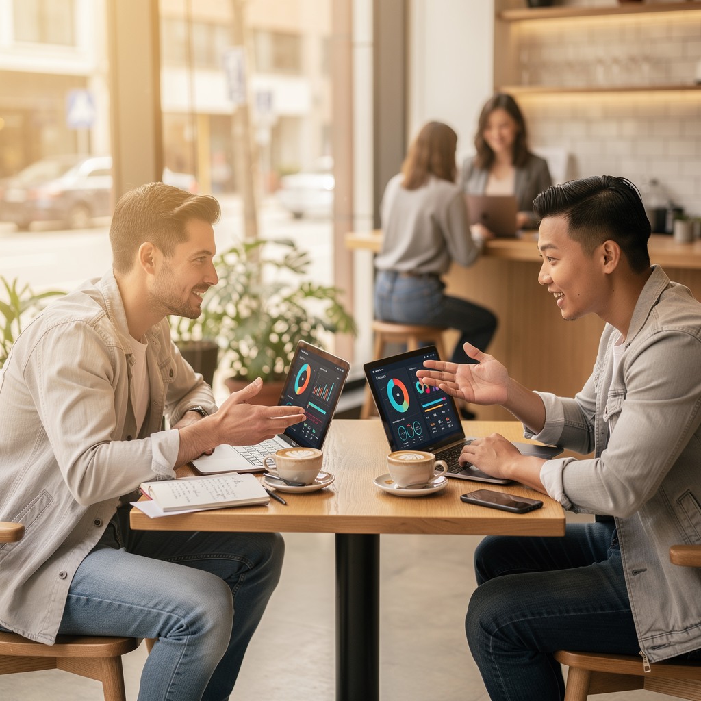 Two young White men collaborating at a coffee shop, laptops open with business analytics dashboards