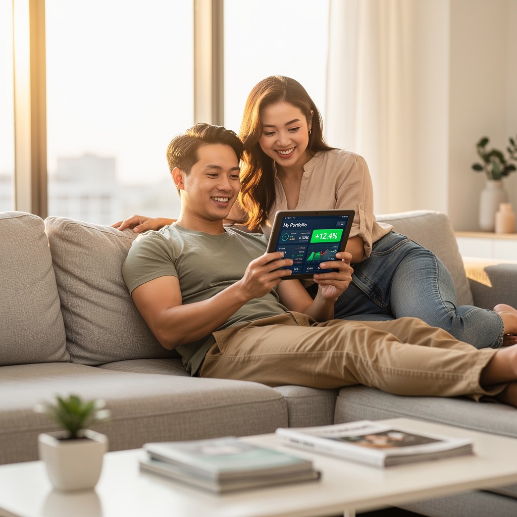 Young Asian man smiling while reviewing investment portfolio on tablet, cheerful girlfriend looking on from couch