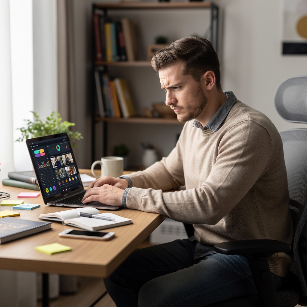 Young man looking skeptically at laptop surrounded by side hustle content