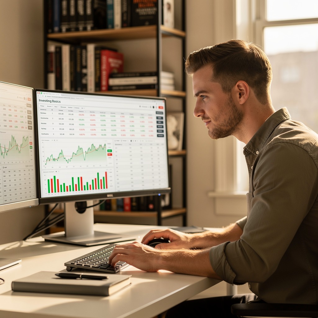 Young White man reviewing financial spreadsheets and investment accounts with focused expression