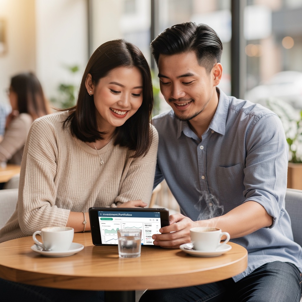 Young Asian man and his girlfriend reviewing investment portfolio on tablet at a cafe, both smiling