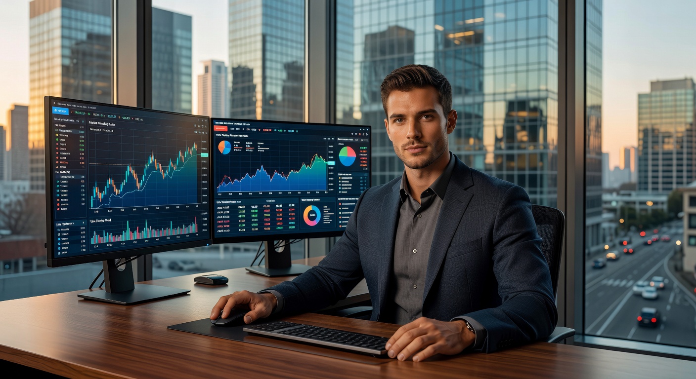 Young man confidently reviewing financial plans at a modern desk with charts and a laptop