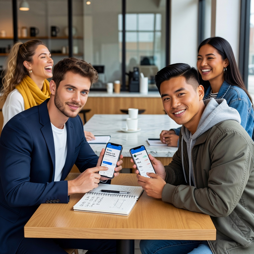 Two sharp-looking young White men comparing rental listings and investment portfolios on their phones at a coffee shop