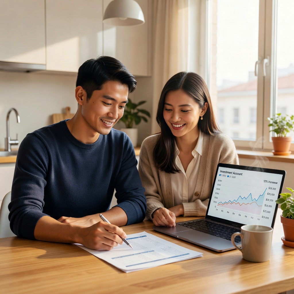 An attractive young Asian man and his cheerful girlfriend reviewing a home budget spreadsheet together in a bright apartment