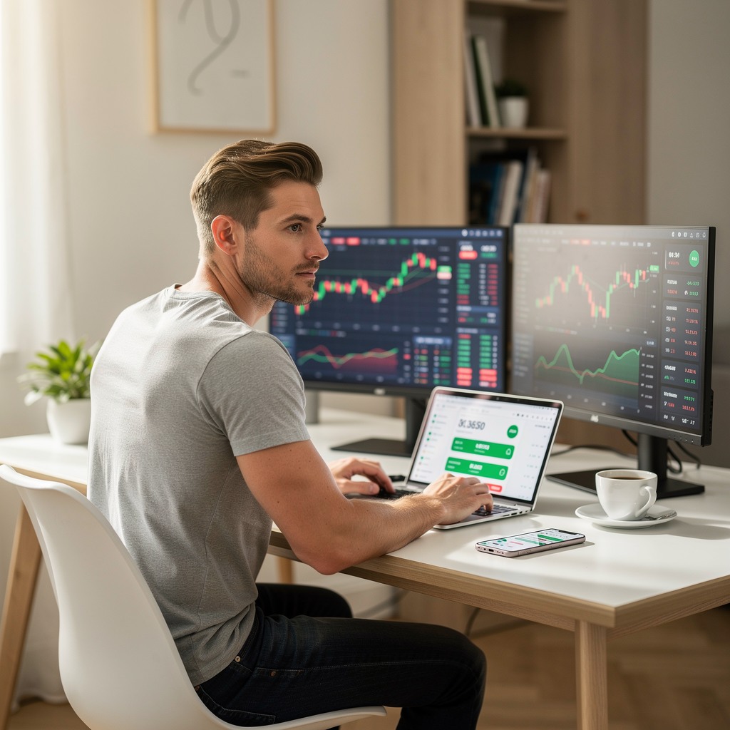 Young man reviewing financial apps on laptop and phone at a modern home workspace