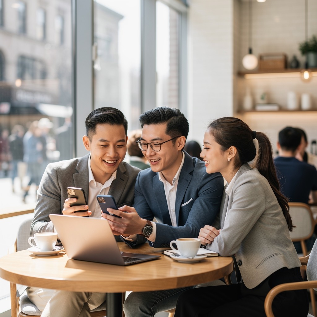 Two young men comparing fintech apps on smartphones at a coffee shop