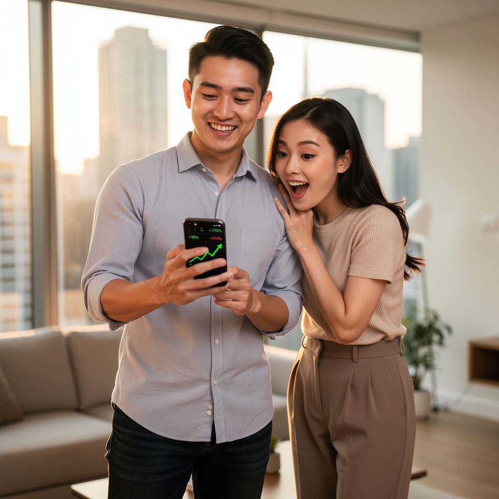 Young Asian man smiling while checking investment portfolio on smartphone, his girlfriend looking on