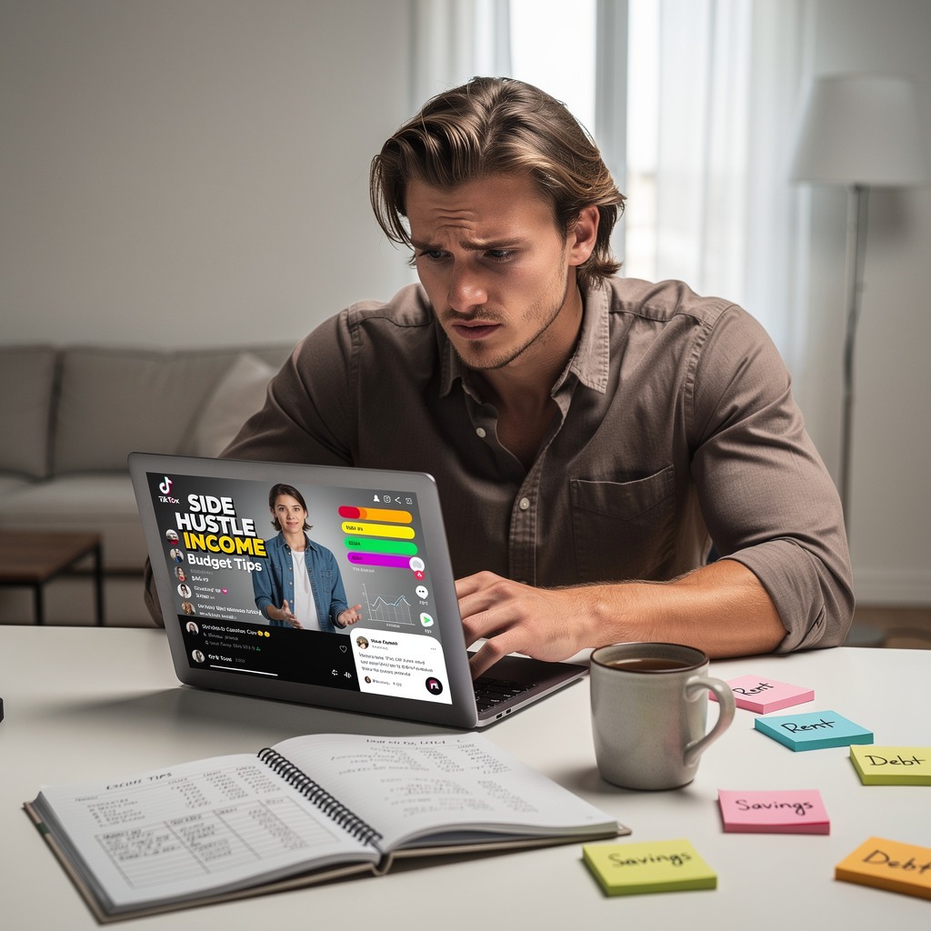 Young man reviewing finances on laptop surrounded by social media notifications