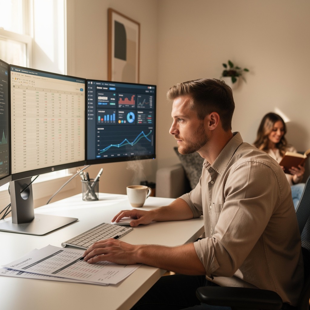 Focused young White man analyzing budget spreadsheet at a clean desk with coffee