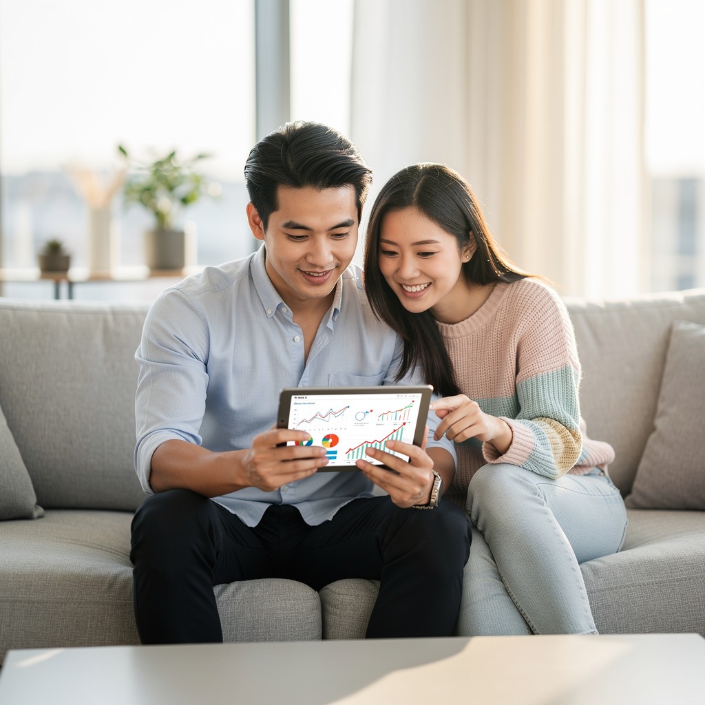 Young Asian man and his cheerful girlfriend looking at investment charts on a tablet in a bright modern apartment