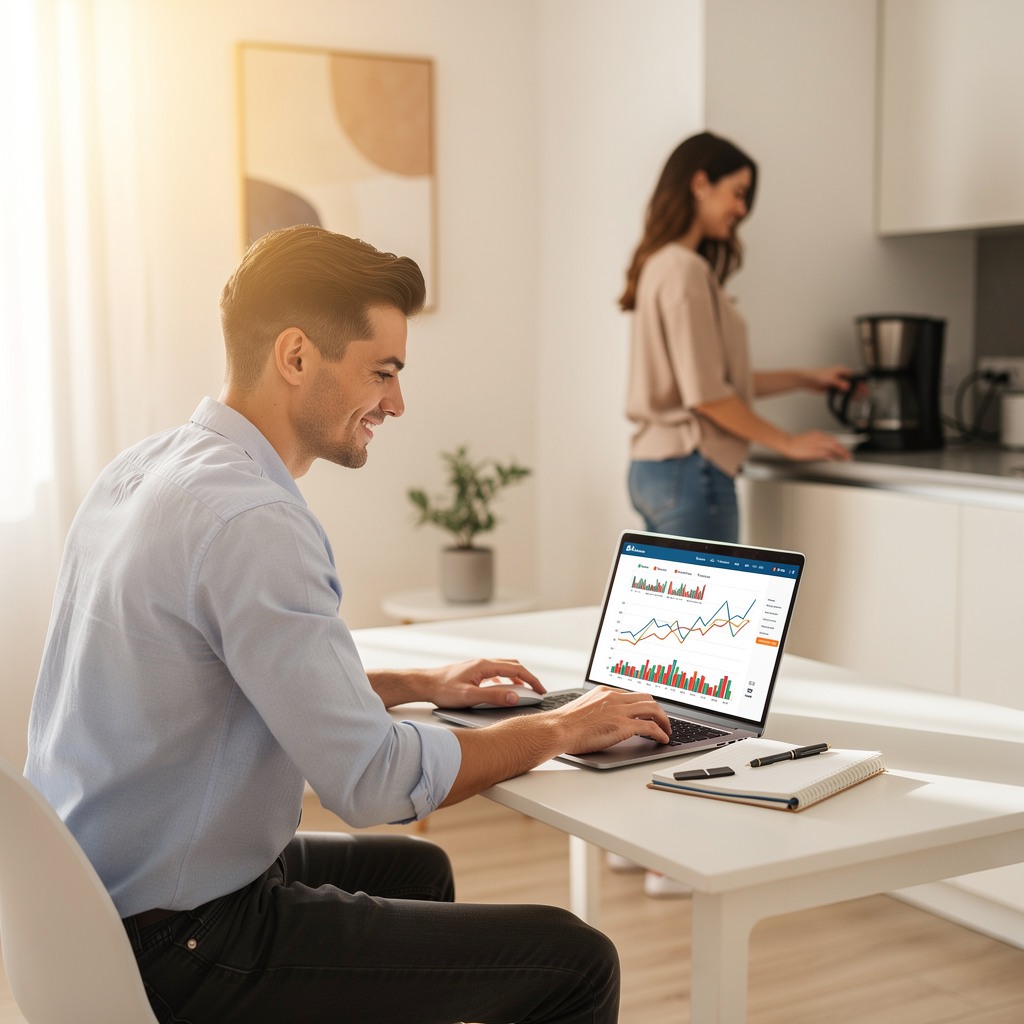 Young man reviewing finances on laptop with confidence