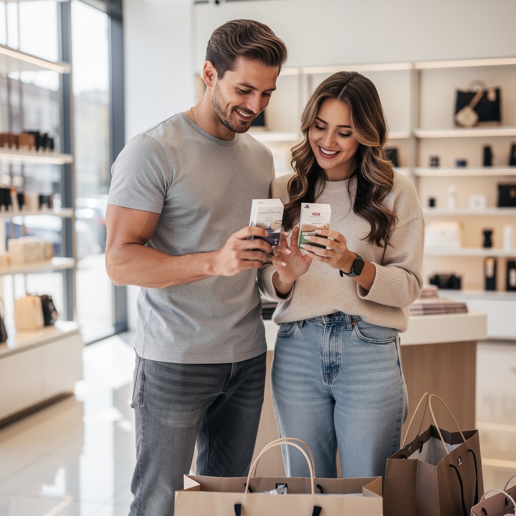 Young White man and his cheerful girlfriend comparing prices while shopping smartly