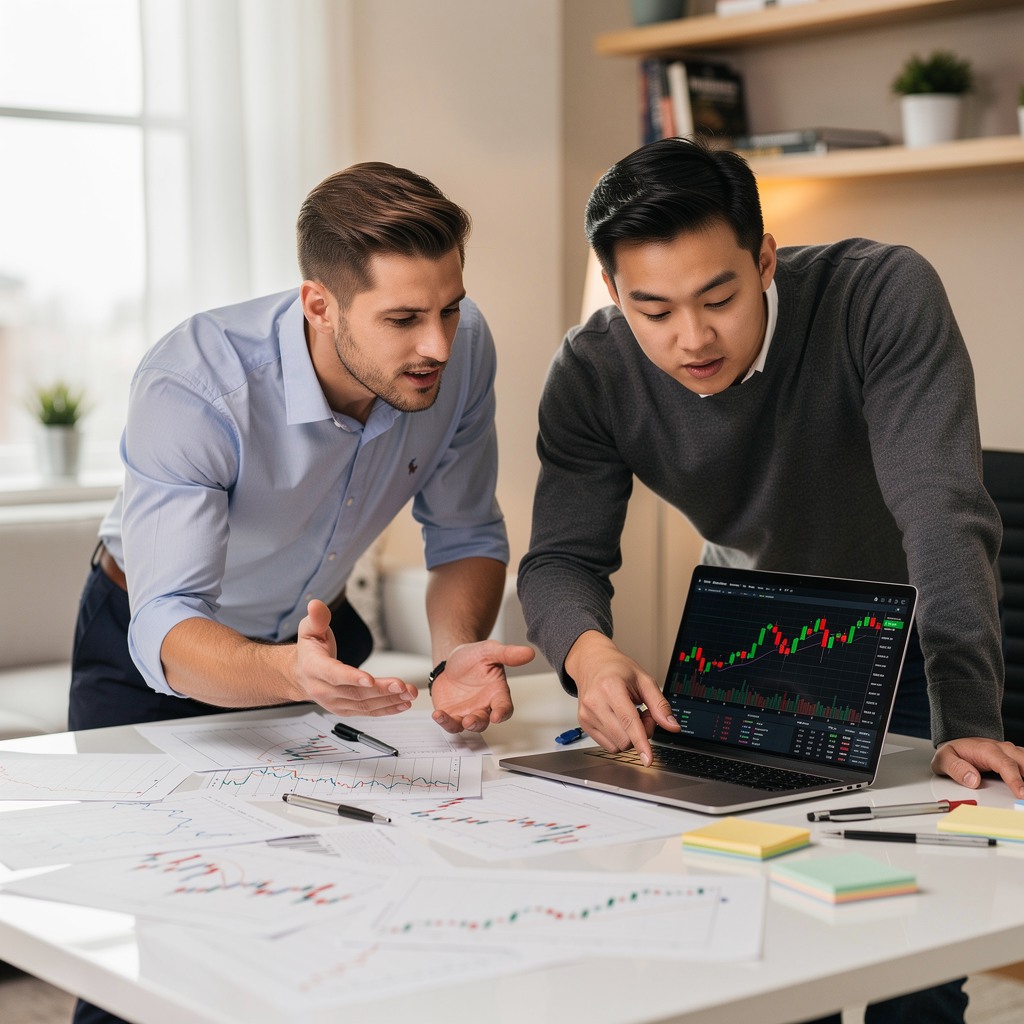 Two young Asian men studying investment charts together at a modern desk setup