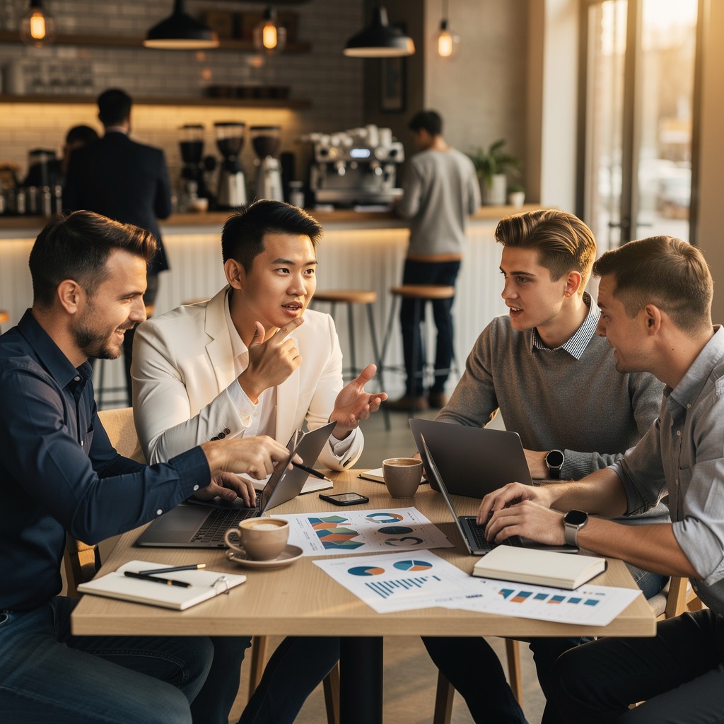 Young men in a heated but friendly debate about money and investing at a modern coffee shop