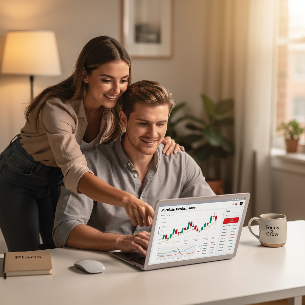 Focused young White man analyzing investment charts on a laptop in a clean minimalist home office