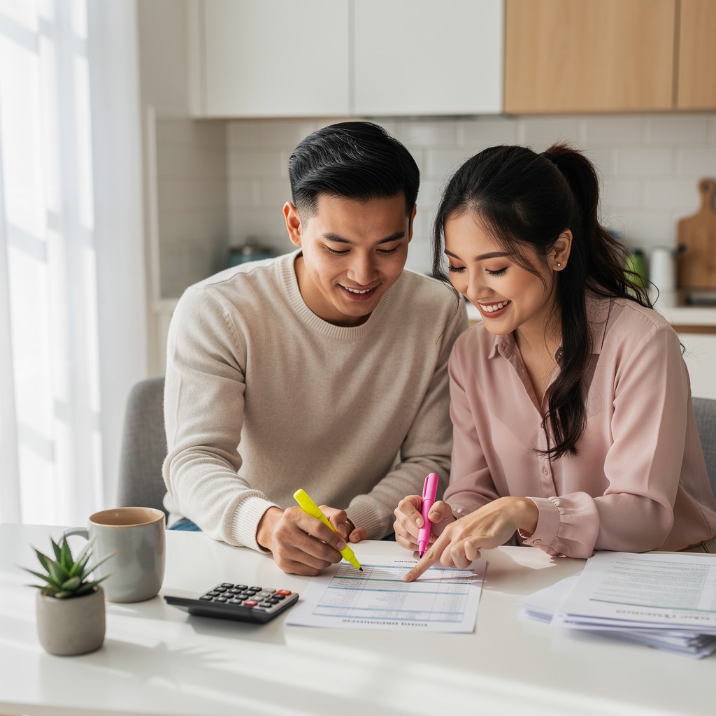 Cheerful young Asian man with his girlfriend reviewing a household budget together at a kitchen table