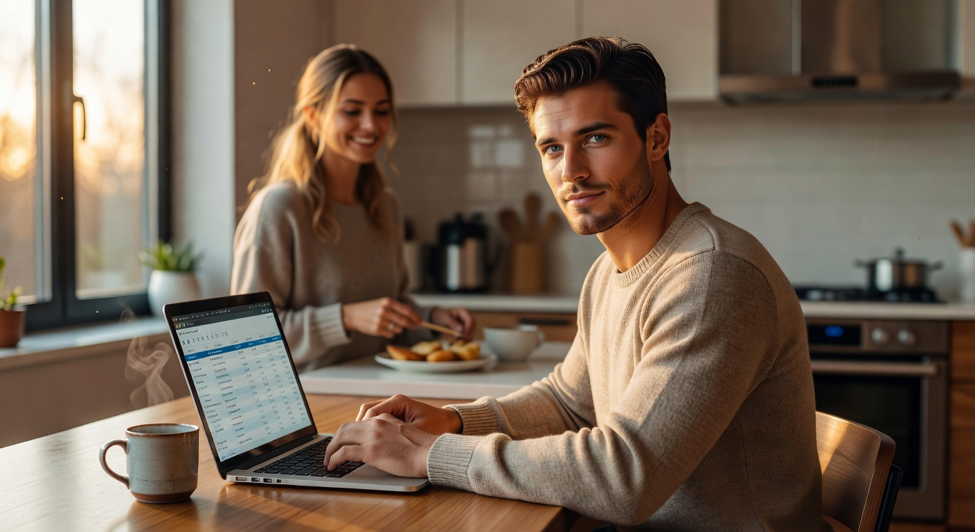 Young man reviewing his budget on a laptop at a bright kitchen table early in the morning