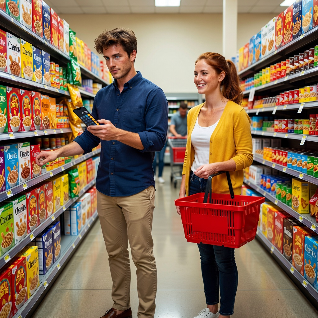 Focused young White man calculating grocery expenses on his phone in a supermarket aisle, his cheerful girlfriend beside him
